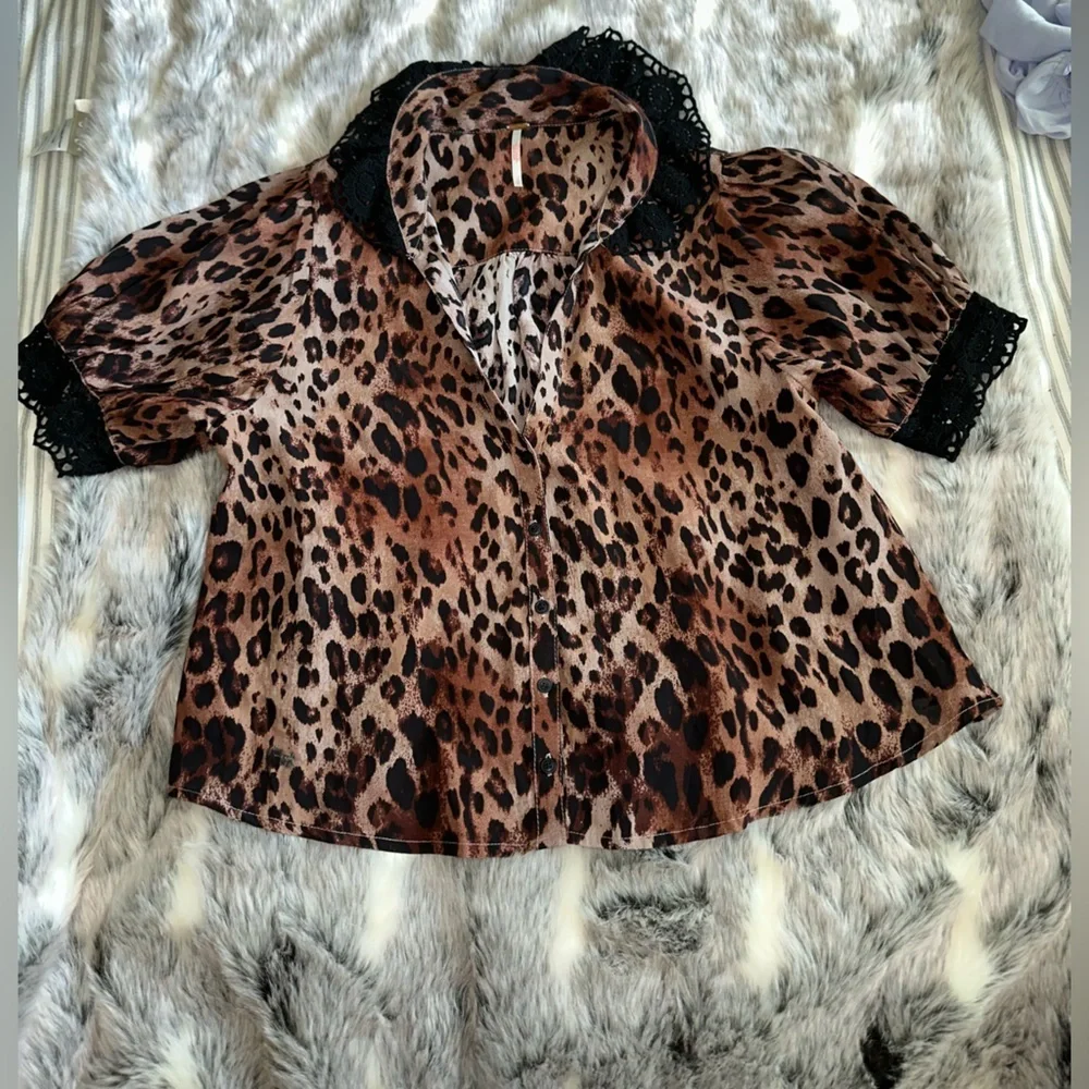 Free People My Love Printed Blouse Leopard combo sz small - Picture 5 of 9